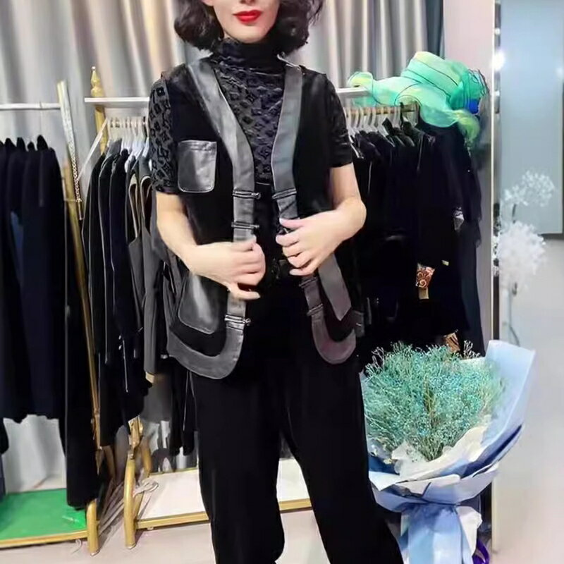 【巴黎精品】皮衣背心真皮夾克-羊皮休閒中式民族風馬甲女外套黑色a1iw10