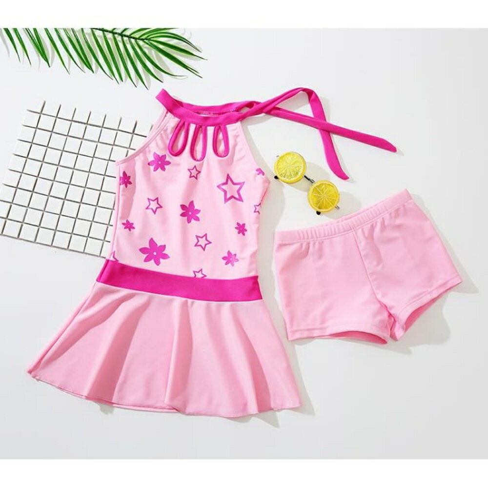 女童泳衣兒童連身公主裙式平角褲粉色泳裝兩件套