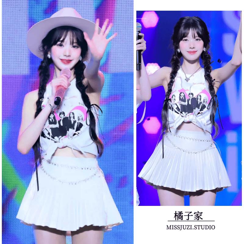 張元英同款白色印花背心無袖T恤鏈條百褶半身裙短裙打歌服套裝夏