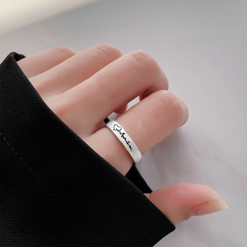 s925純銀心率電波開口戒指心電圖日韓版愛的心跳素圈復古指環2022