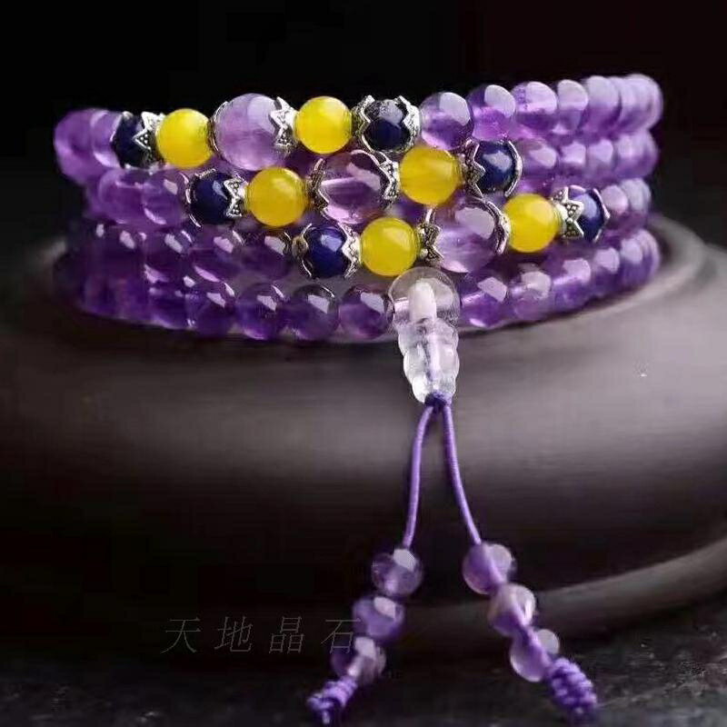 天然紫水晶手鏈108顆佛珠 開光紫水晶多圈手串 男女天然水晶飾品