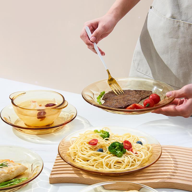 免運 碗碟套裝家用廚房新款琥珀透明餐具微波爐專用耐高溫面碗飯碗盤子-快速出貨