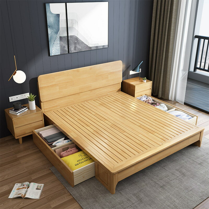 優樂悅~實木床框架現代簡約1.8M雙人床臥室大床1.5單人床1.2米高箱儲物床