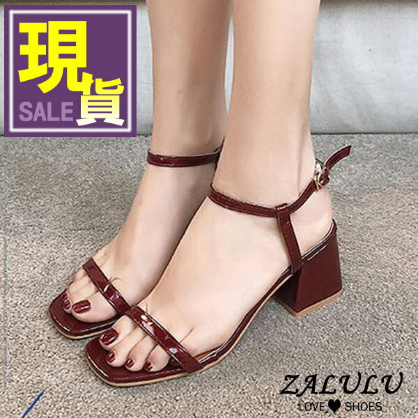 ZALULU愛鞋館 7DE210 現貨 漆皮美型顯瘦款粗跟中跟涼鞋-米白/黑/紅-35-39