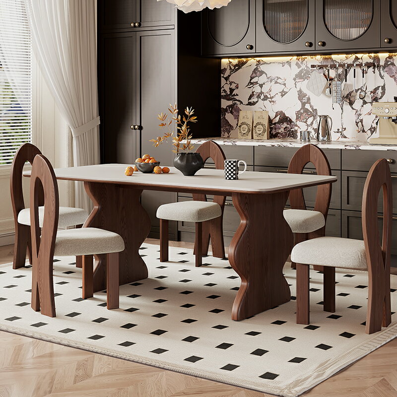 中古風實木餐桌椅2024新款客廳美式法式奶油系北歐復古巖板白蠟木