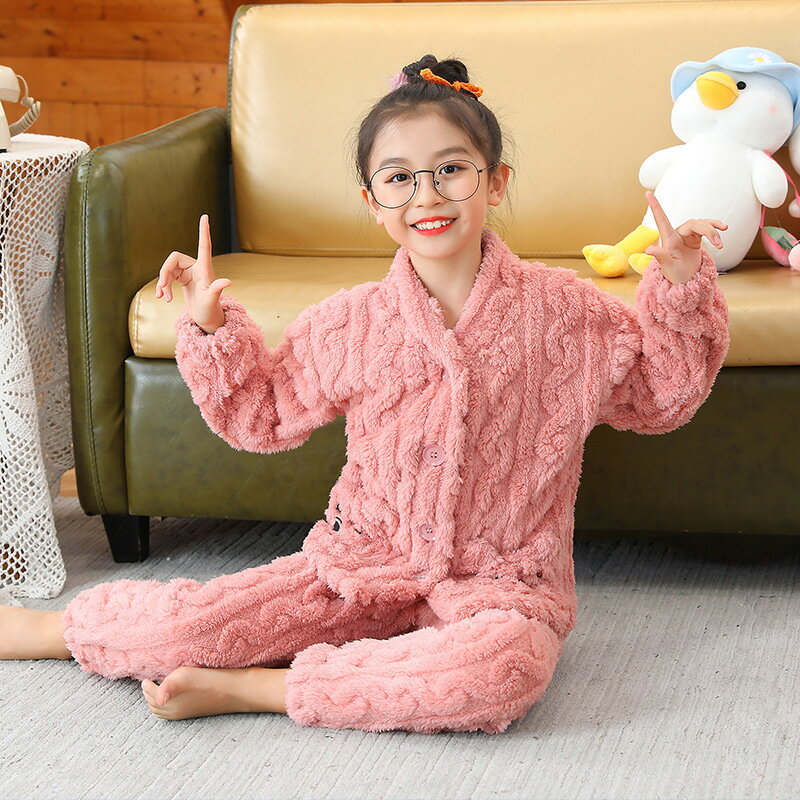 法蘭絨睡衣秋冬加厚保暖開衫女童珊瑚絨女孩家居服兩件套
