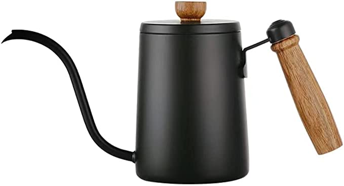 【日本代購】Yoseka 咖啡壶 木柄 滴滤水壶 600ML 比例 带盖子 露营 滴滤壶 不锈钢 黑色 细口 咖啡壶 带刻度