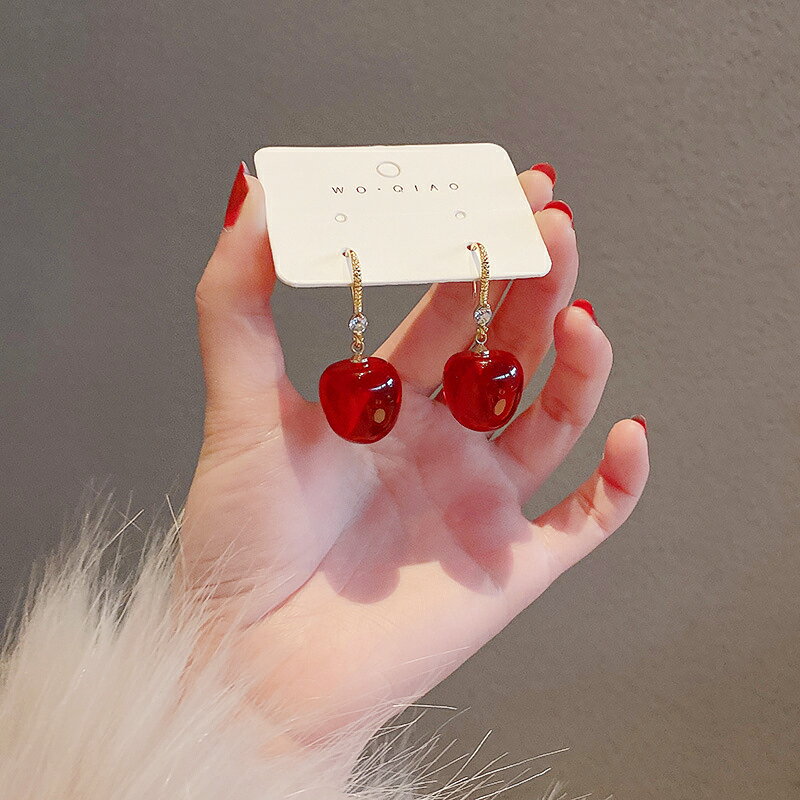 車厘子時尚鑲鉆耳鉤簡約個性設計感耳墜紅色耳飾品韓國網紅耳環女