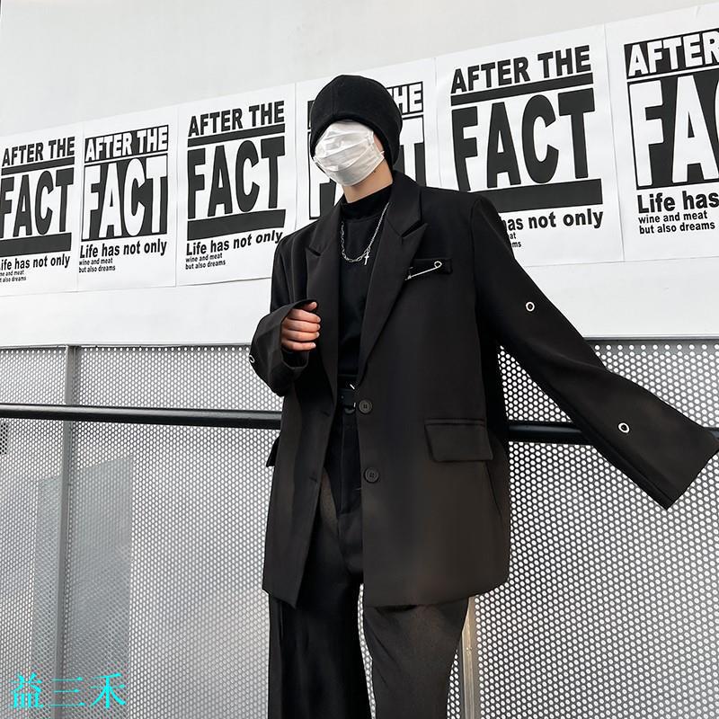 春裝ins潮牌小眾高階感墊肩西服外套男韓版設計感痞帥西裝發型師-益三禾