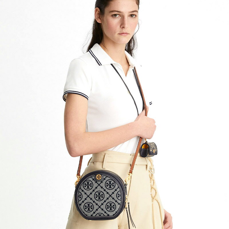 精選★TORY BURCH T MONOGRAM 老花布配牛皮圓形斜挎包 88168/88487 (修補整新品藍現貨) ~【母親節禮物★菲尼斯 國際精品3折起 春夏新品 換季下殺】 7