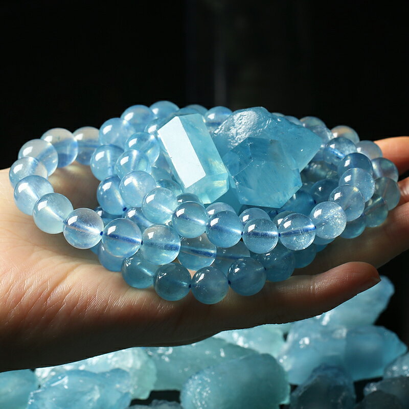親寶水晶天然純冰種天晴藍海藍寶手鏈女男款 藍水晶手串飾品禮物
