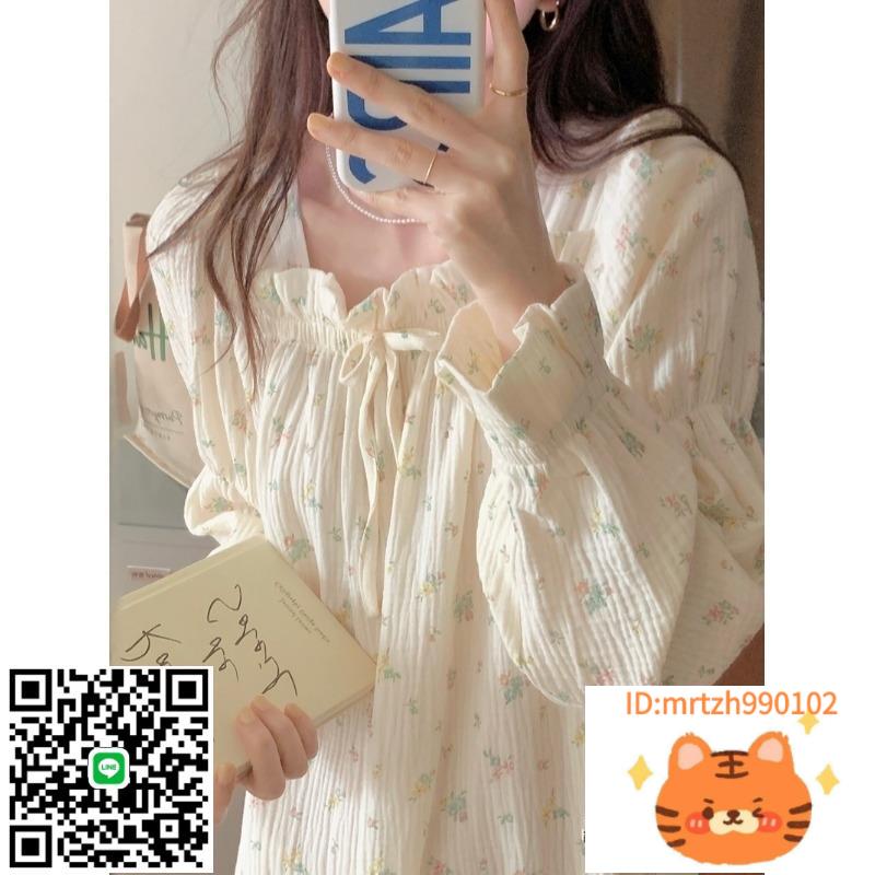 日本代購GP碎花睡裙女春秋款長袖純棉紗布日系ins甜美家居服外穿-時尚精品