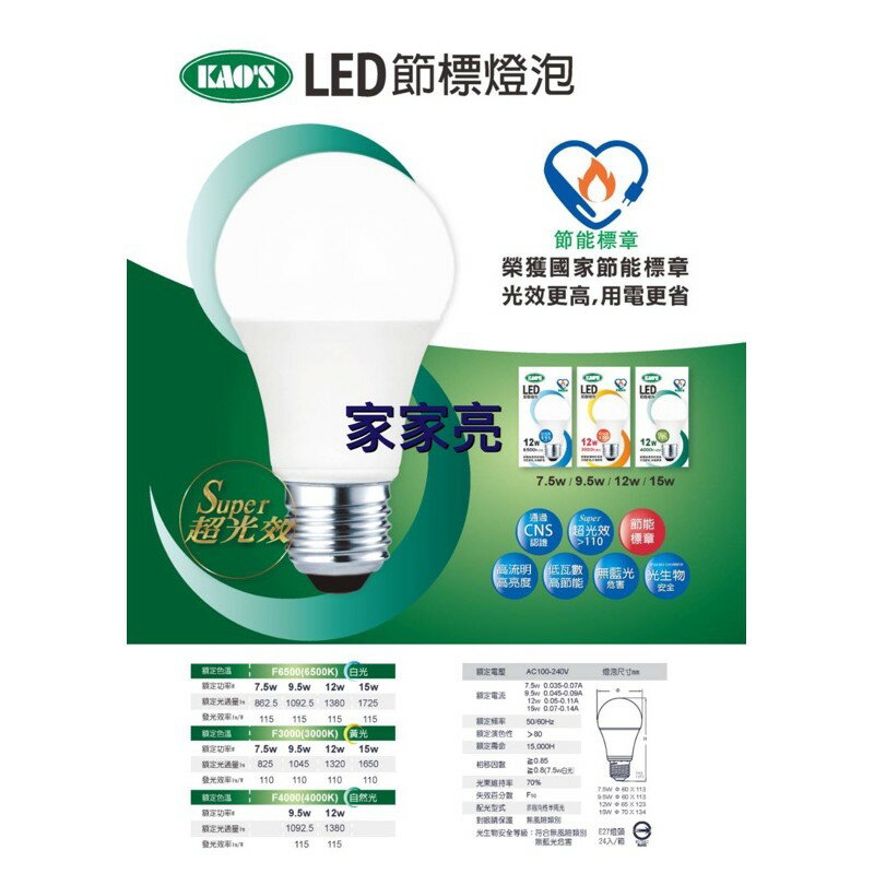 (A Light) 節能標章 高氏 KAOS LED 7.5W 9.5W 12W 15W 燈泡 通過台灣CNS認證