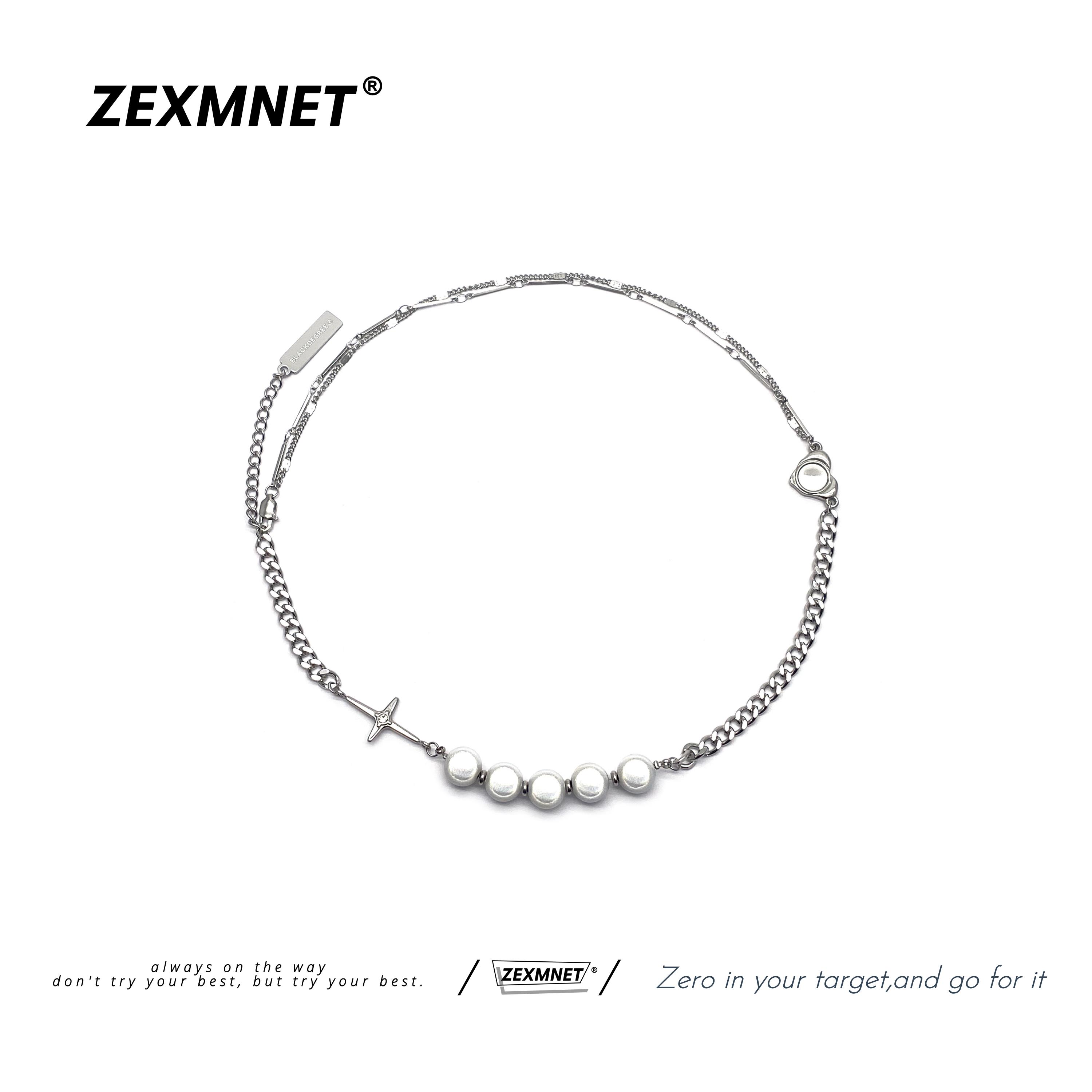 ZeX小眾設計潮人鈦鋼十字架鏈條拼接反光珍珠項鏈男女嘻哈鎖骨鏈