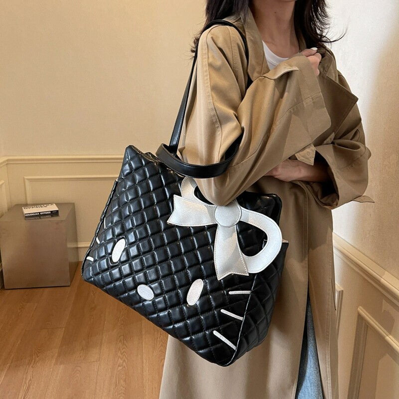 韓國可愛新款單肩大容量托特包菱格貓咪甜美少女HelloKitty包女