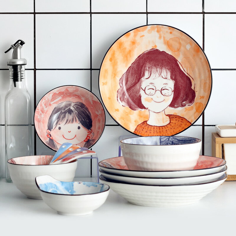 日式碗碟套裝家用創意卡通一家人陶瓷吃飯碗菜盤子筷勺景德鎮餐具