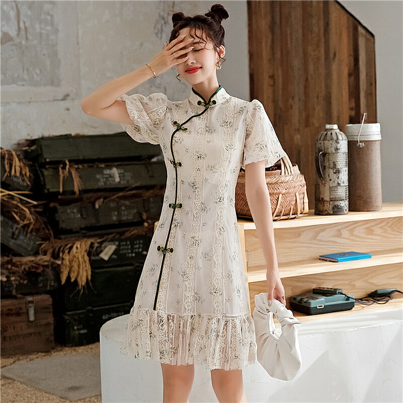 年新款中國復古風旗袍改良版蕾絲連衣裙仙女夏天收腰顯瘦