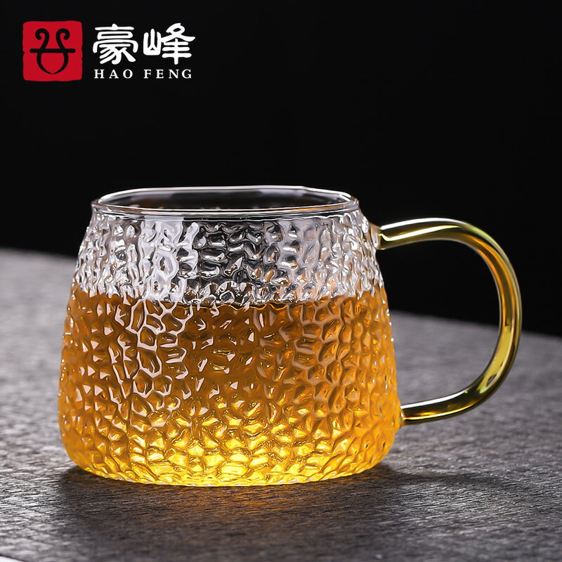 耐熱防爆錘紋玻璃杯帶把手過濾泡茶杯個人辦公室家用水杯子