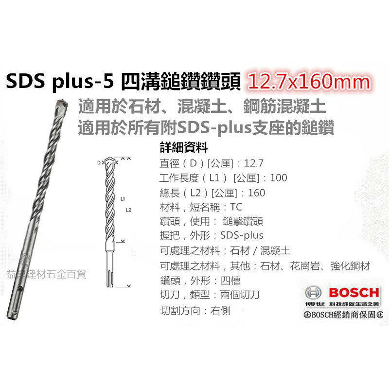 德國 BOSCH SDS plus-5 四溝鎚鑽鑽頭 12.7x160mm 適用於所有附SDS-plus支座的鎚鑽