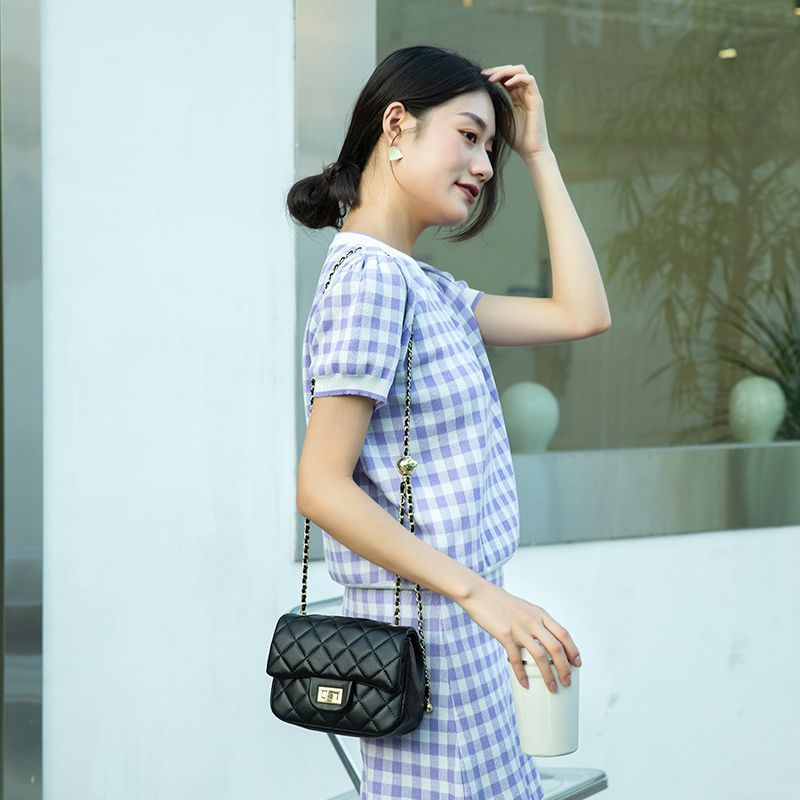 真皮小包包女2024新款潮流高階感時尚百搭爆款菱格鏈條斜挎包-享樂