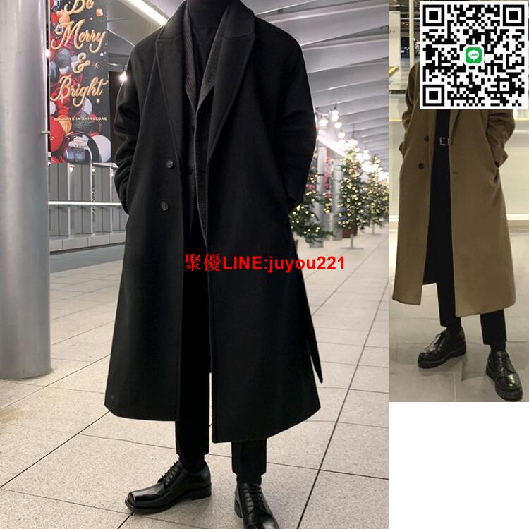 韓風時尚男裝 單排雙扣腰帶過膝長版毛呢大衣西裝外套風衣多尺碼M-2XL【MYQ8885】