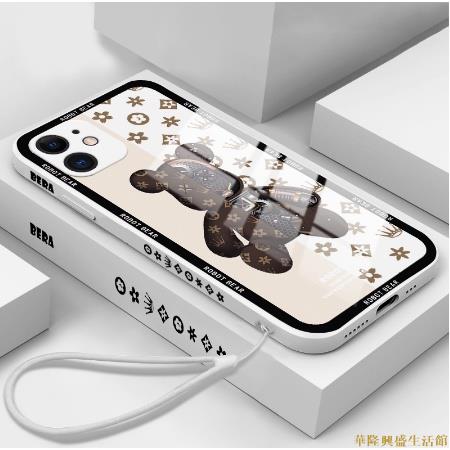 機械老花暴力熊 蘋果IPhone13 12 11Pro Max XR XS 8Plus手感液態 側邊彩繪圖案 玻璃手機殼