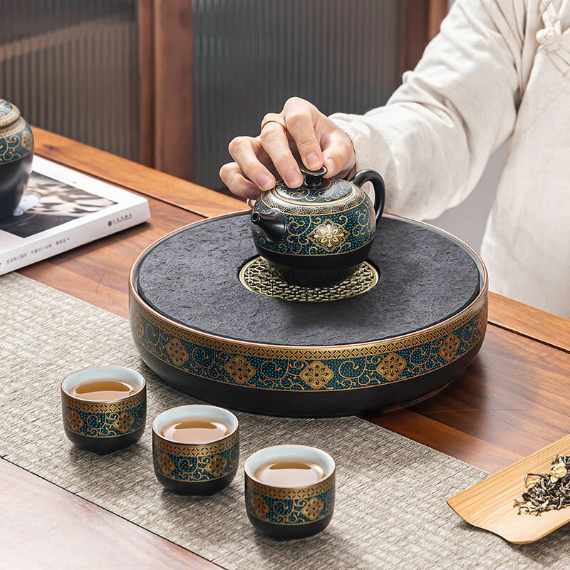 茶盤 仿烏金石茶盤圓形功夫茶具套裝家用中式泡茶臺儲水式石頭茶海