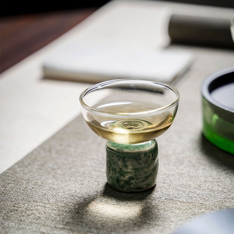 越窯青瓷梅子浮雕高足主人杯功夫茶具品茗杯耐熱玻璃花茶茶杯單杯