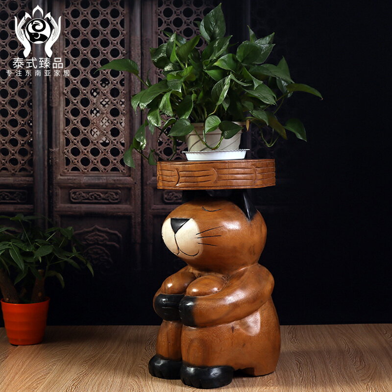 泰國木雕貓凳實木創意可愛貓凳子換鞋凳擺件家用餐凳客廳時尚花幾