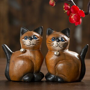 泰國木雕工藝品可愛小貓咪擺件創意木質客廳裝飾品情侶結婚禮物
