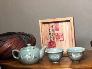 日本中古回流韓國人間國寶古堂名家作高麗青瓷后手壺一壺兩杯茶具