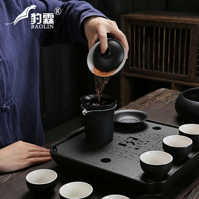 沙金黑砂功夫茶具套裝陶瓷家用配件工具茶盤茶臺日式家庭小型結婚