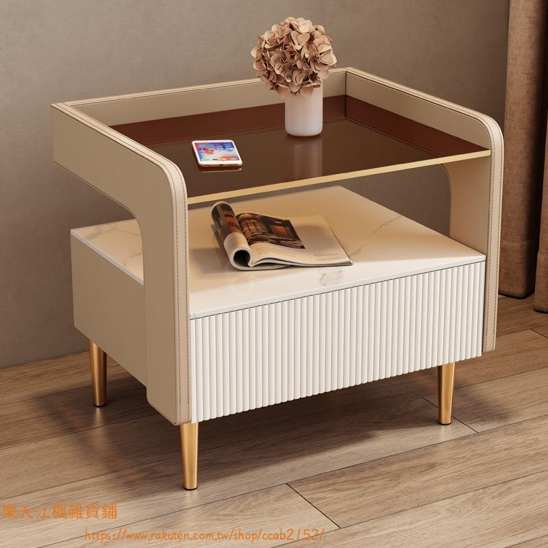 床頭櫃輕奢現代簡約意式臥室實木儲物皮質玻璃巖闆迷你小型床邊櫃
