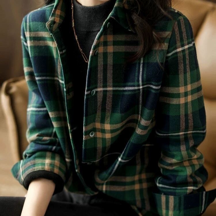 磨毛格子棉布襯衫女長袖寬松大碼上衣時尚百搭休閒衫衣外套春秋新款【聚寶屋】