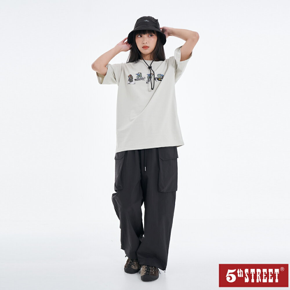 中性款 寬褲 長褲 大貼袋 寬鬆 休閒 尼龍褲 黑色 (961104) 【5th STREET】【APP下單享4%回饋】