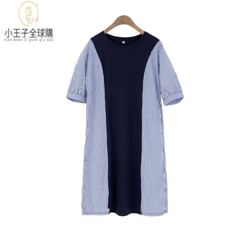 【公司現貨速發】免運 開發票 小王子女裝夏季新款簡約休閑連衣裙圓領條紋拼接顯瘦泡泡袖中長連衣裙女裝上衣 流行女裝 棉麻 早秋 日韓女裝