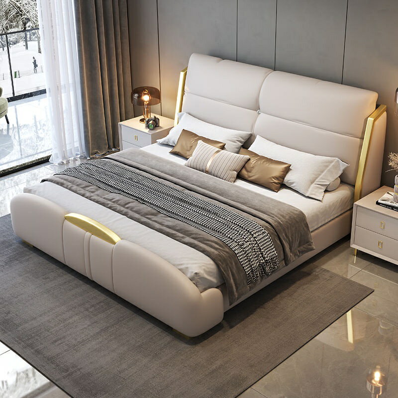意式極簡真皮床 婚床 高級大氣雙人床 現代簡約輕奢主臥大床 實木皮床 儲物床 掀床 床組床架