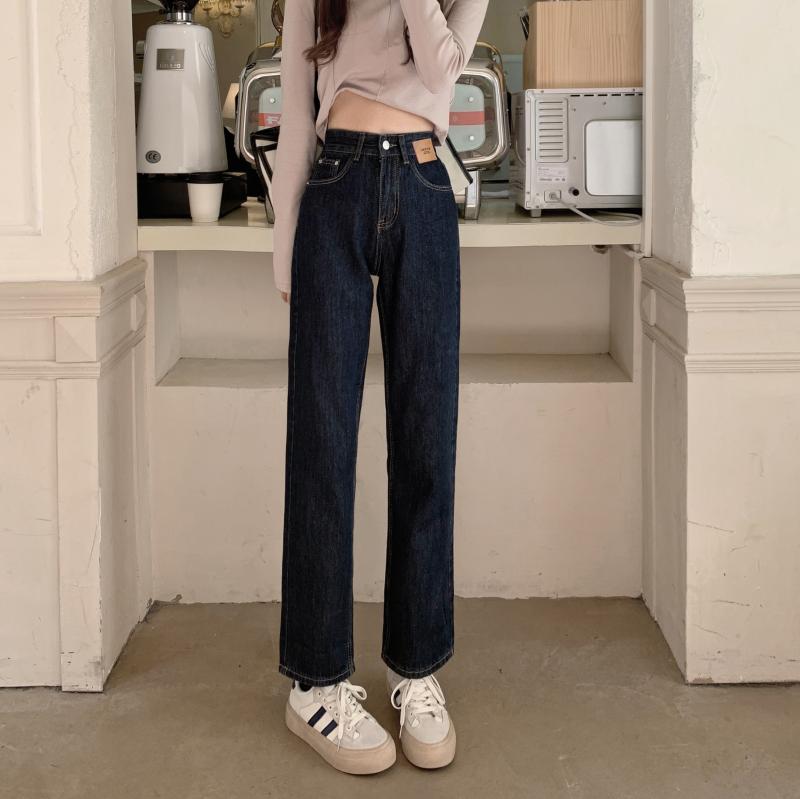深藍色直筒牛仔褲女2021年新款秋冬季小個子150cm寬松高腰闊腿褲