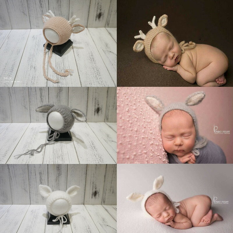 新生兒攝影帽子嬰兒拍照道具針織卡通帽子寶寶滿月藝術照可愛頭飾