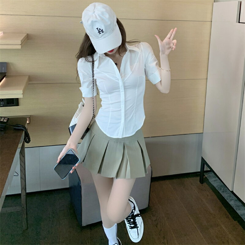 白襯衫夏季氣質修身JK制服工作服性感白色彈力學姐襯衣短袖上衣女