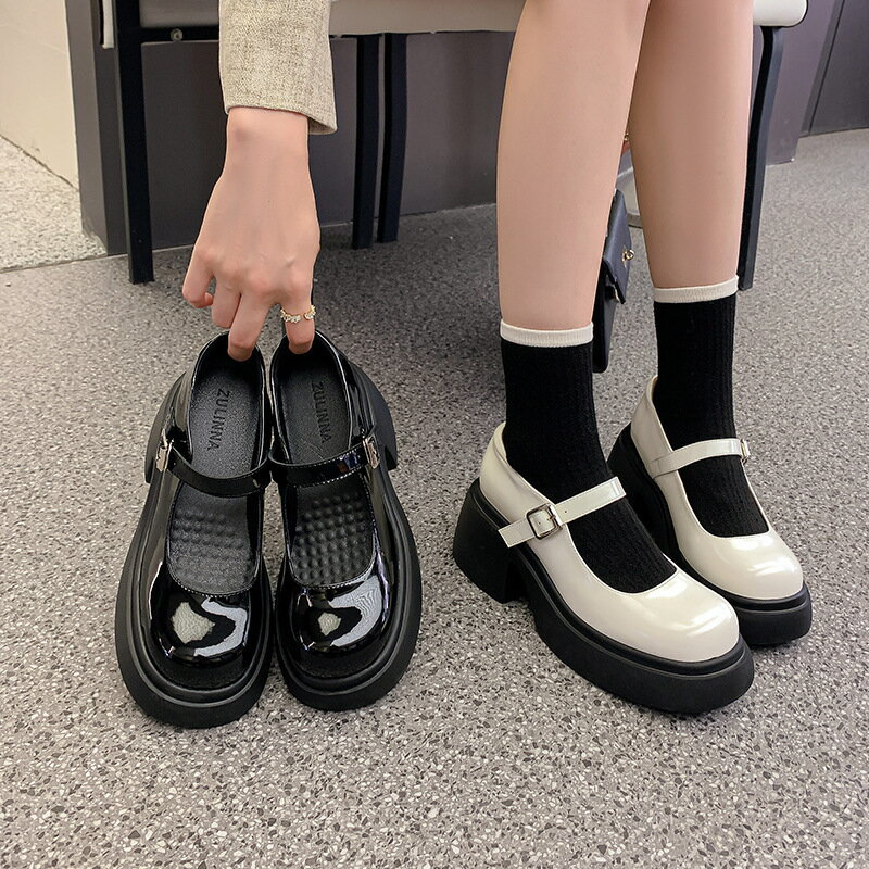 真皮厚底瑪麗珍單鞋女2023新款黑白百搭時尚粗跟學院風高跟小皮鞋