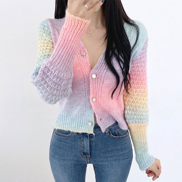 ANNAS 正韓 珍珠釦 渲染 外套 漸層 彩虹 扎染 暈染 麻花 毛衣 針織外套 粗針織 夢幻 女神 韓國 2