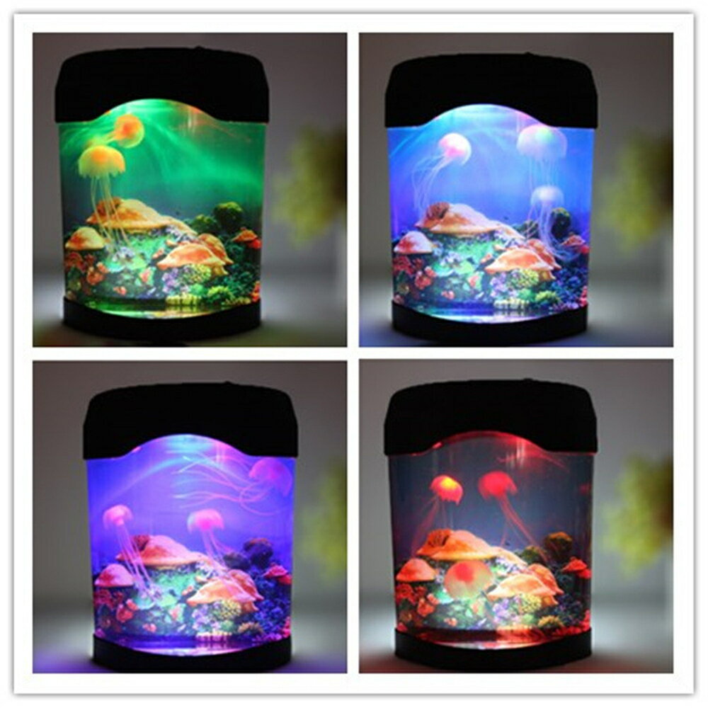 魚缸小型魚缸亞克力五彩變色水母燈迷你桌面觀賞魚水母電池USB水族箱印象部落