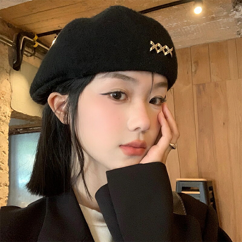 黑色貝雷帽女秋冬季韓系百搭毛呢保暖顯臉小帽子大頭圍蓓蕾畫家帽【雲木雜貨】
