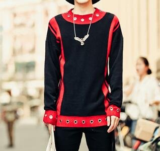 FINDSENSE Z1 韓國 時尚 潮 男 黑紅拼色 金屬圓孔設計 毛衣 針織襯衫 長袖 衛衣 上衣 外套