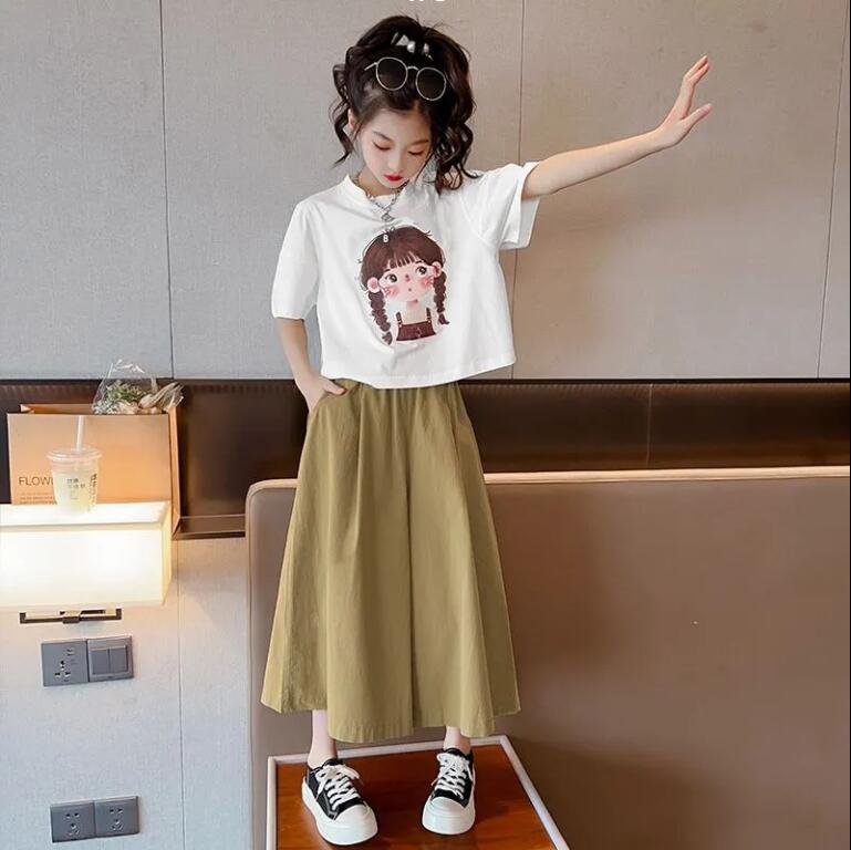 洋氣新款時尚休閑夏裝兩件套女童網紅韓版百搭卡通短袖闊腿褲套裝【步行者戶外生活館】P