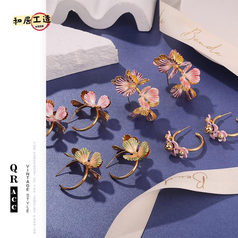 中古手繪滴油花朵耳飾復古油畫風輕奢高級感925銀針耳環[DD0508003]