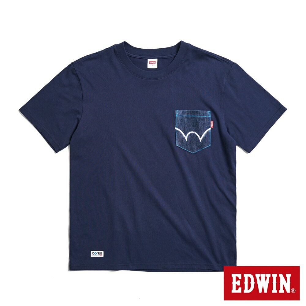 EDWIN 再生系列 牛仔布口袋短袖T恤-男款 丈青色