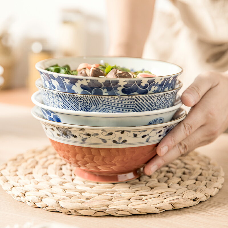 億嘉日本制 日式和風餐具釉下彩陶瓷拉麵碗大號麵碗湯碗泡麵碗
