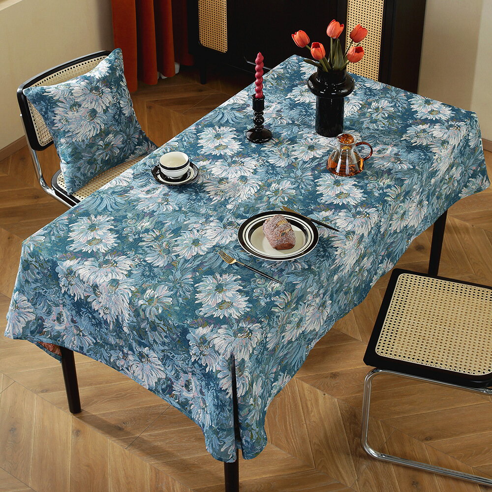 美式復古棉麻桌布輕奢油畫提花裝飾臺布茶幾桌墊蓋布長方形餐桌布